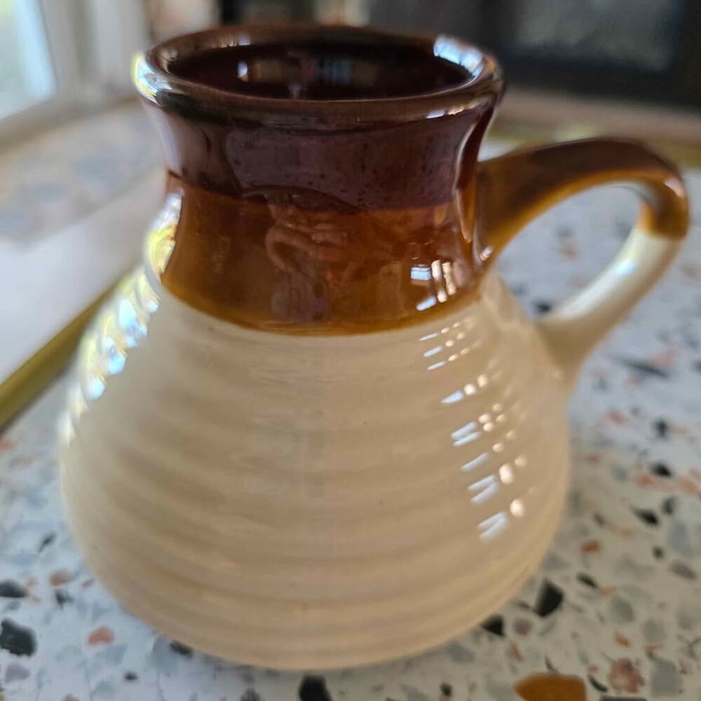 Vintage Ceramic Stoneware No Spill Wide Bottom Cream and Brown Mug